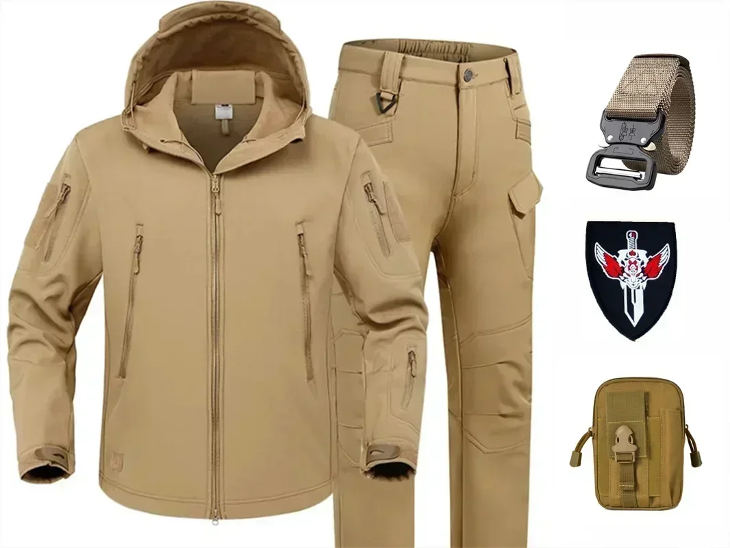 

Men's Outdoor Mountaineering Hunting Fishing Hiking Waterproof Windproof Plush Warm Hooded Set Army Tactical Soft Shell Set