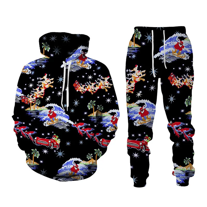 Men\'s Hoodie Sets 3D Print Men Women Christmas Santa Claus Cosplay Tracksuit Pants 2Pcs Suits Oversized Pullover Kids Clothing