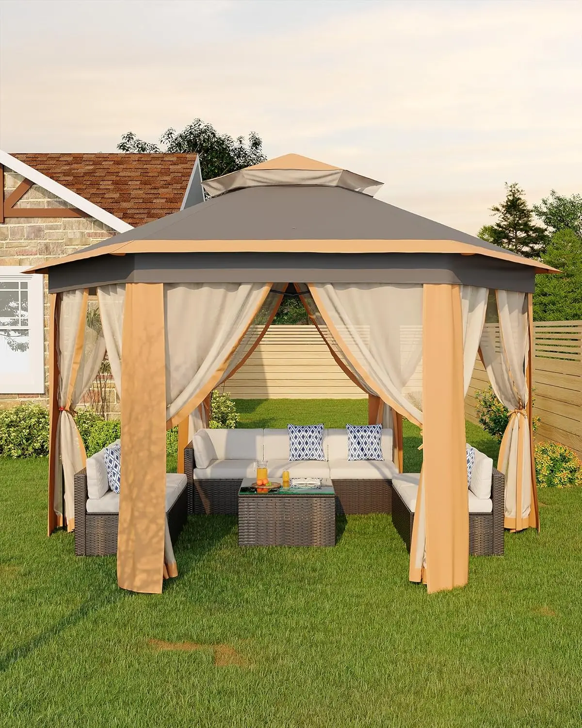 Gazebo hexagonal pop-up 13'x13' avec moustiquaire, tente instantanée, structure en acier et sacs de 