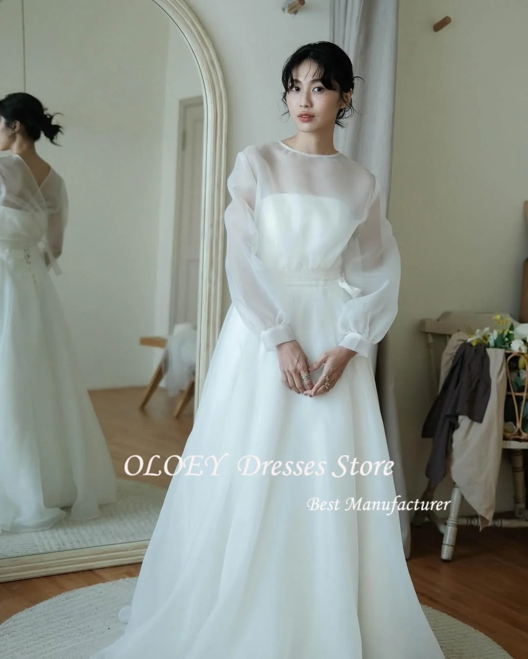 OLOEY Prosta suknia ślubna w stylu koreańskim, linia A, do sesji zdjęciowych, z miękkiego tiulu, długa do podłogi, elegancka suknia ślubna, suknie ślubne z gorsetami szytymi na miarę.