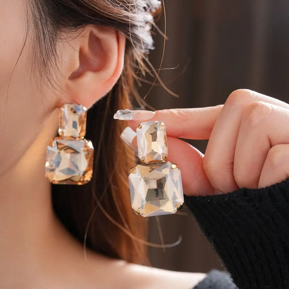 Korean Style Square Crystal Jewelry Set Multifunction Neckchain Rhinestone Tassel Earring Earrings Necklace Sparkling Necklace