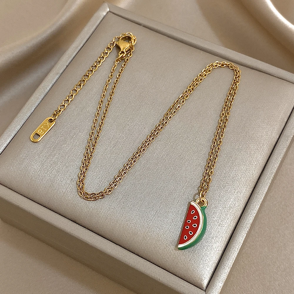 New Fashion ​​Watermelon Pendant Necklace Earrings Jewelry Set Stainless Steel Jewelry Gift for Women Sweet Lovely Necklace