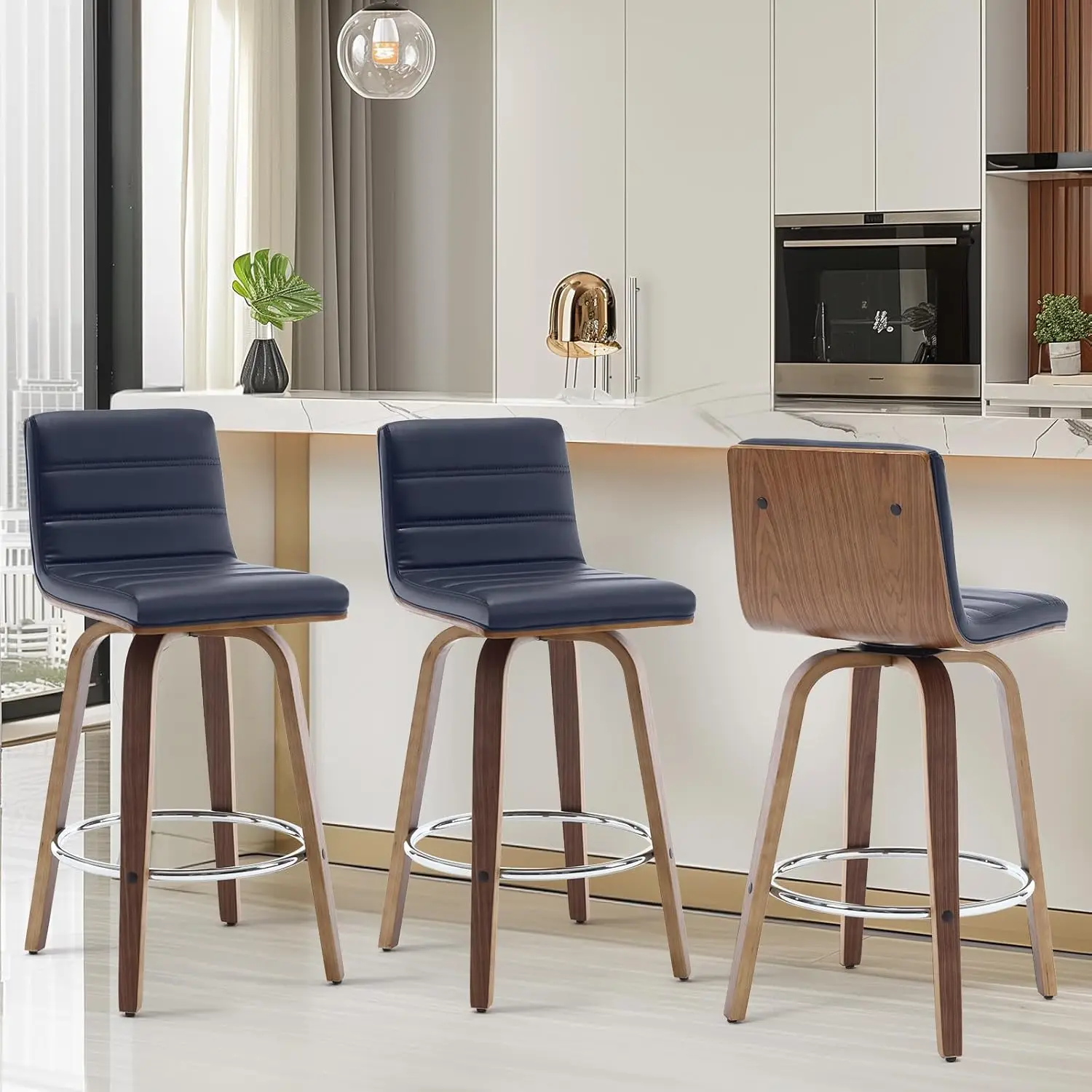 Bar Stools 26 Inch Counter Height, Set of 3, PU Leather Swivel Counter Stools with Backs, L Shape Back and Bentwood Legs,