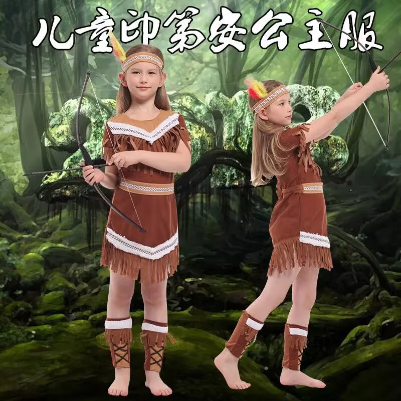 Crianças halloween princesa indiana cosplay trajes meninas meninos pocahontas caçadora traje purim festa mardi gras fantasia vestir-se