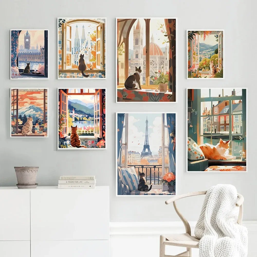 Cute Cats Look Landscape Wall Art Prints Travel Florence Mount Fuji Paris Greece Canvas Painting Posters for Living Room Decor