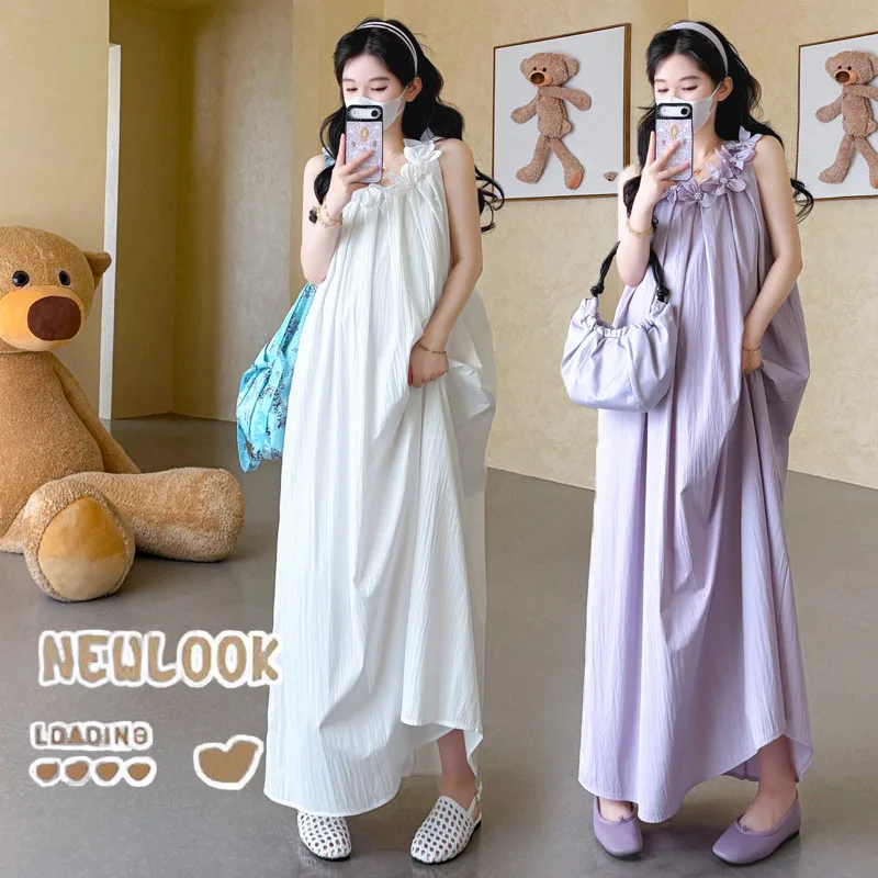Maternity Suit Summer 2026 Flower Decoration Sleeveless Dress and Cardigan for Pregnant Women Vacation Beach Wear