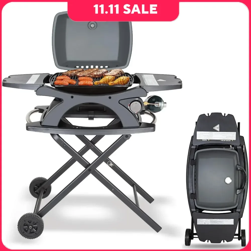 Gas Grill with Collapsible Cart, Removable Side Tables and Built-in Thermometer, Portable Stand-Up Propane Gas Grill