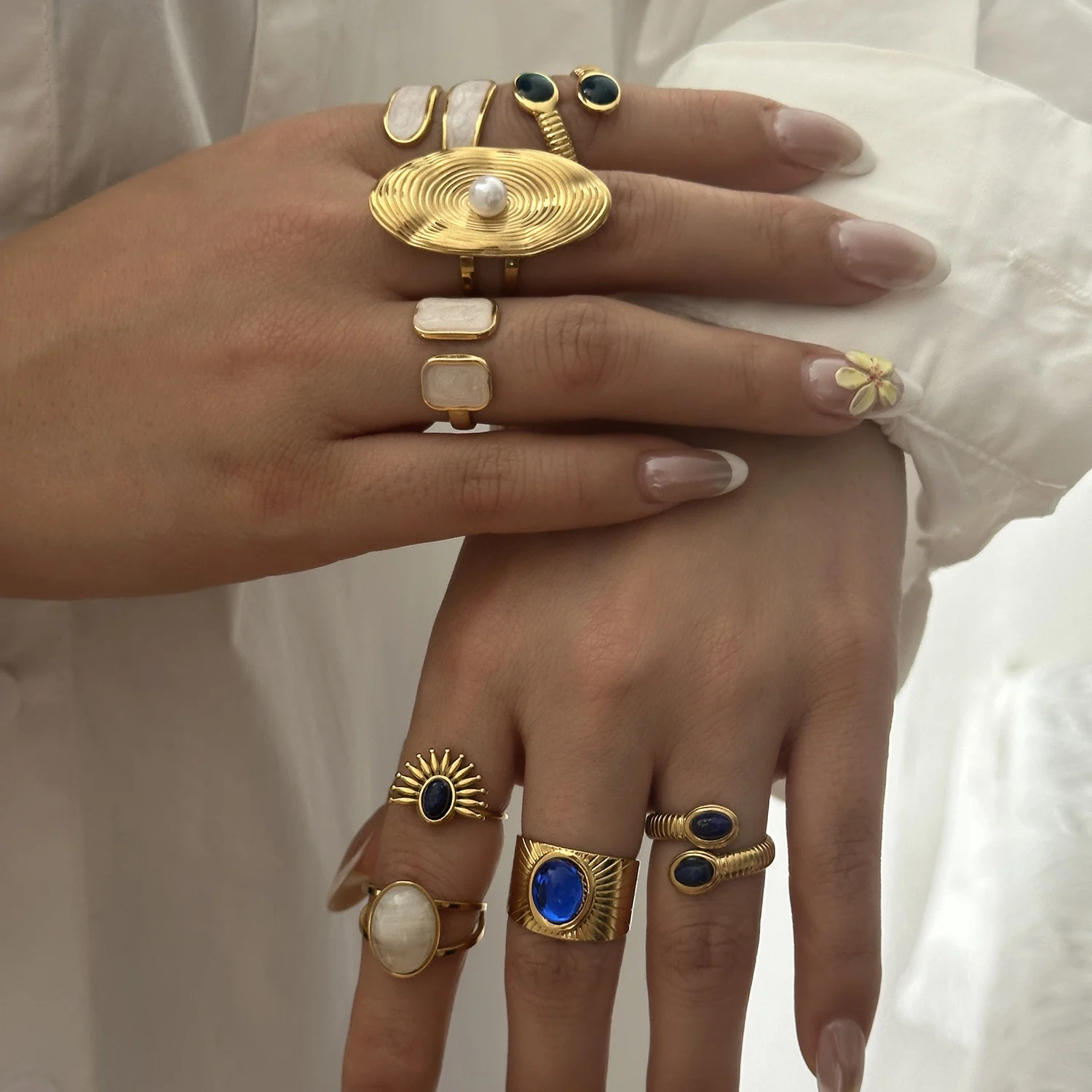 Edelstahl Weiße Öltropfen Offene Ringe für Frauen Naturstein-Einlage Breiter Ring Stapelbare Ringe Vergoldeter Schmuck – Detail 1