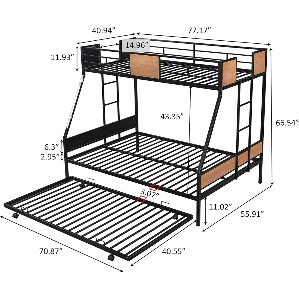 Twin over Full Bunk Beds with Trundle,Heavy Duty Metal Bed Frame with Safety Rail Side Ladders for Dormitory Bedroom Boys Girls