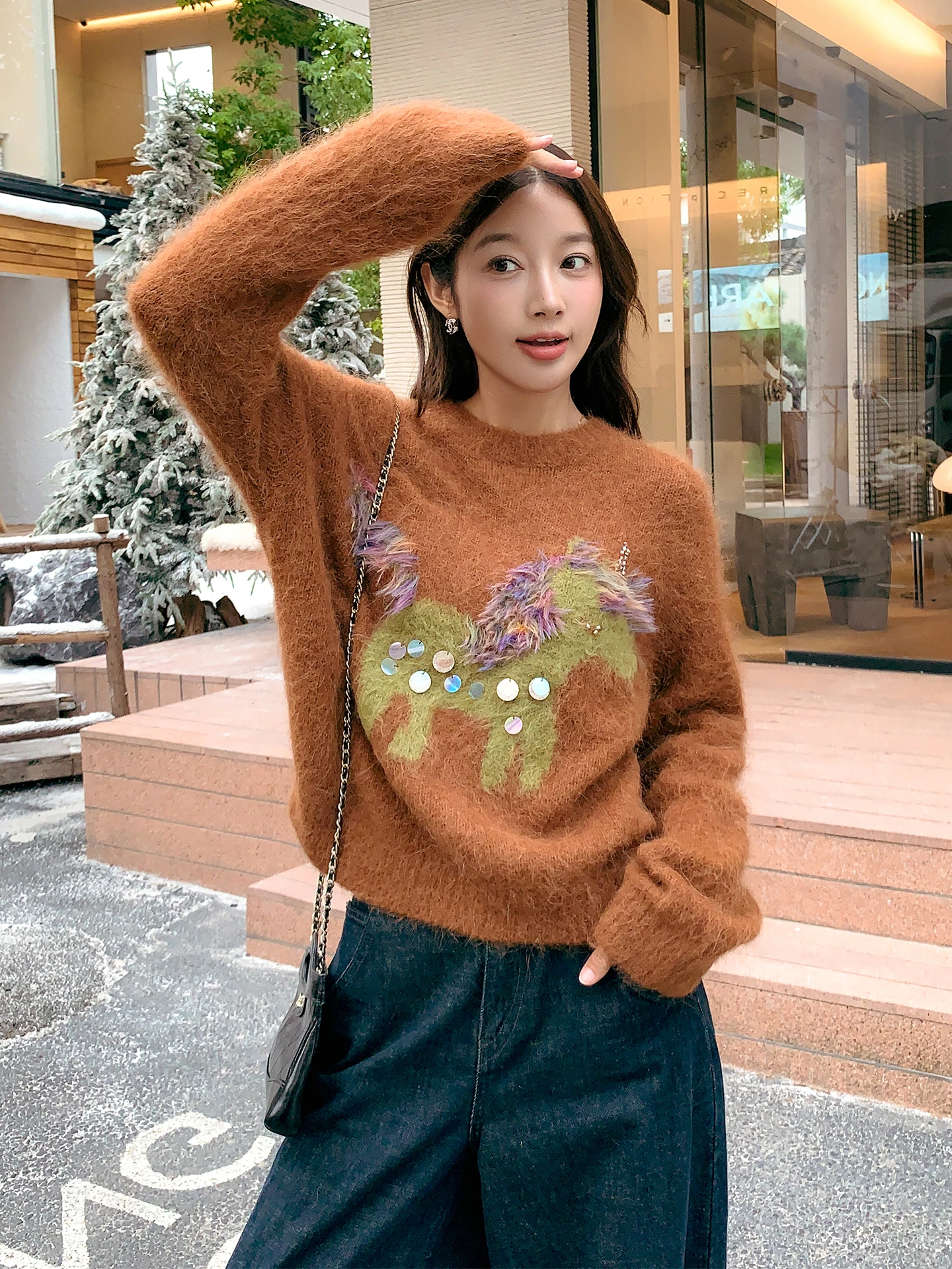 

Мягкий свитер из шерсти альпака с узором Cisas и блестками, вязаный, женский, с длинными рукавами, свободного кроя, зимняя новинка