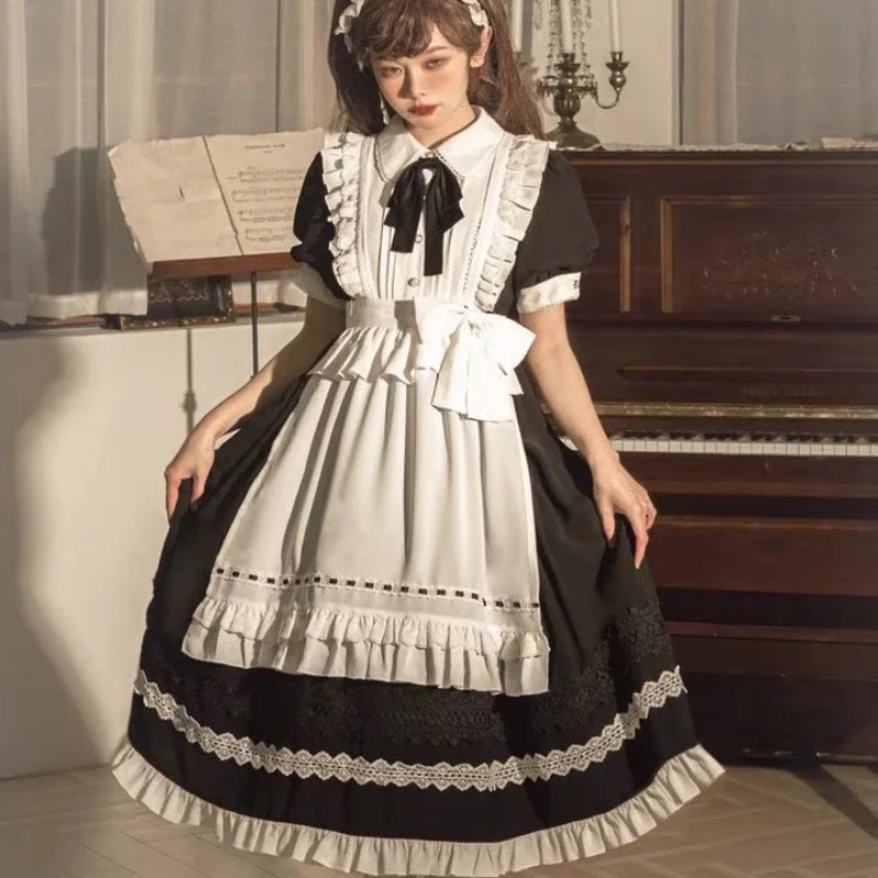 NONSAR Japanese Lolita Maid Costume Detachable Apron Doll Collar Girly Bubble Short Sleeve Dress Ruffles Maid Outfit Cosplay