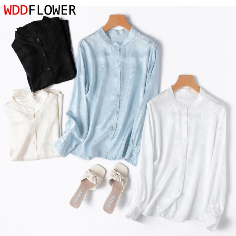 

Women Silk Shirt 100% Mulberry Silk 19 Momme Jacquard Silk Solid Color Long Sleeve Buttons Down Top Blouse Office Work M L M1489