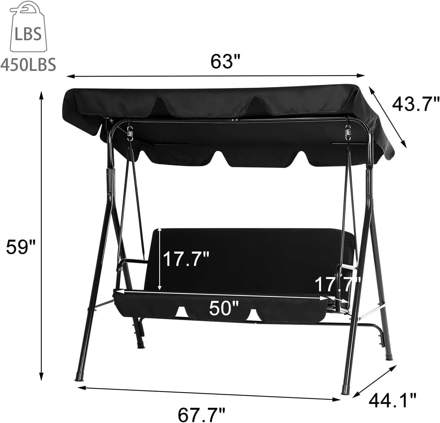 Cadeira de balanço do pátio ao ar livre para adultos, Balanços da varanda com dossel ajustável, Banco de balanço externo, Almofada removível, 3-Seat