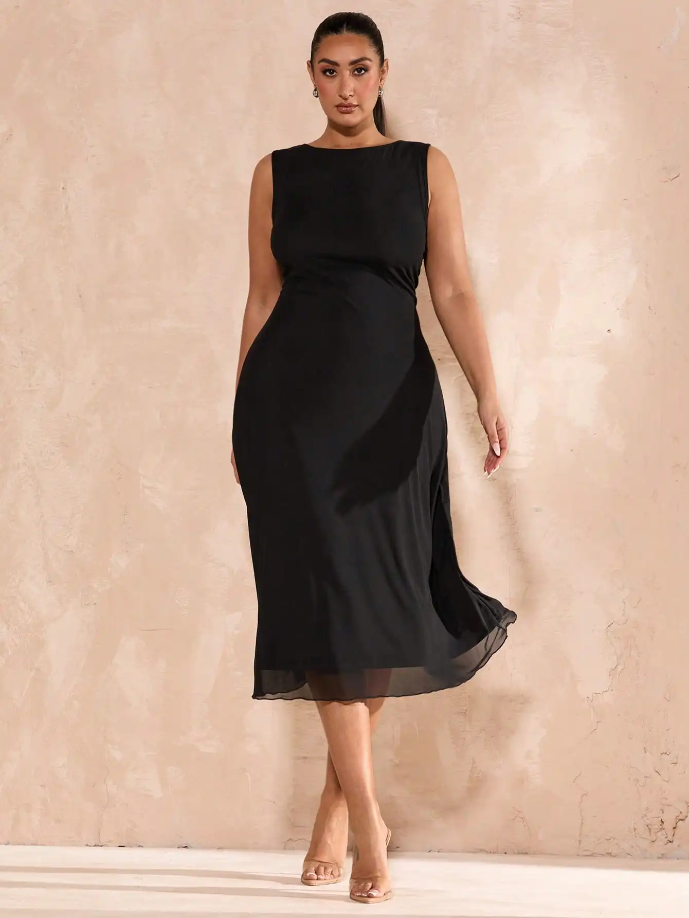 

Черное трикотажное платье миди больших размеров без рукавов, А-силуэта, с прозрачным подолом