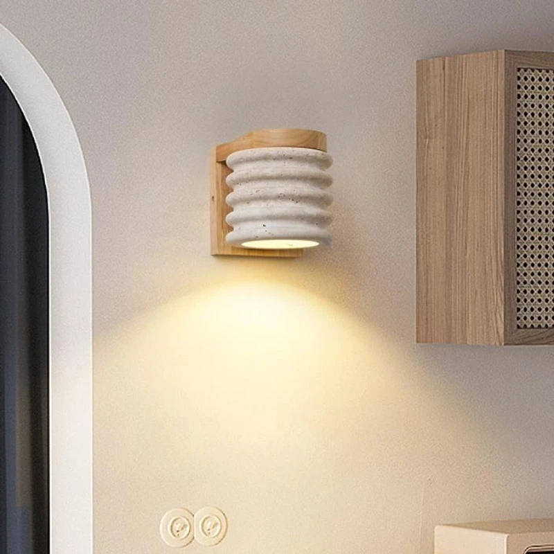 

Modern LED Wood Wall Lamp E27 Travertine Lamp Japanese Style 3000K Light for Living Room Bedroom Yellow Natural Stone Wall Light
