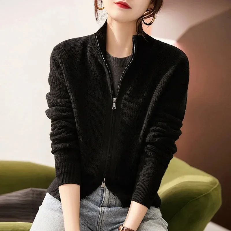 2024 Autumn New Korean Fashion Long Sleeve  Knitted Cardigan Jacket Women Casual Stand-Up Collar Zipper Short Sweater Female Top