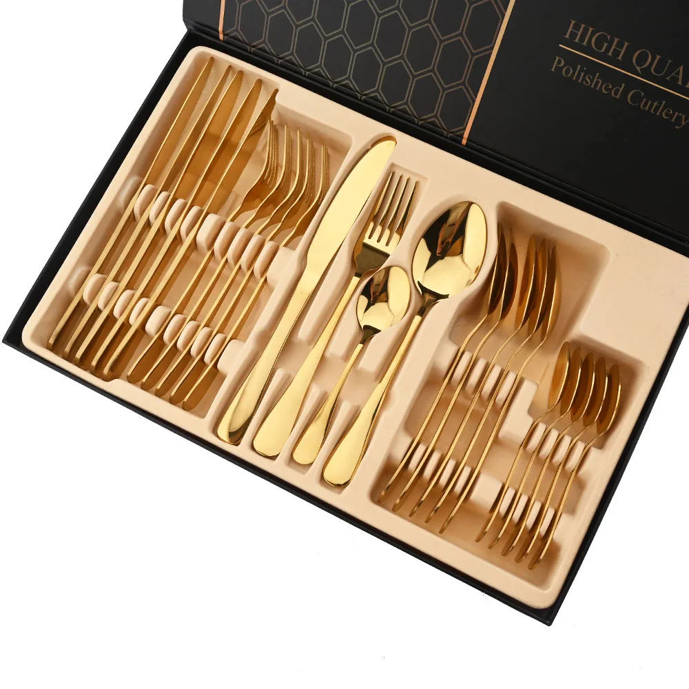 Christmas 24Pcs Rose Gold Dinnerware Cutlery Set Stainless Steel Dinner Flatware Knife Fork Spoon Luxury Tableware Gift Box