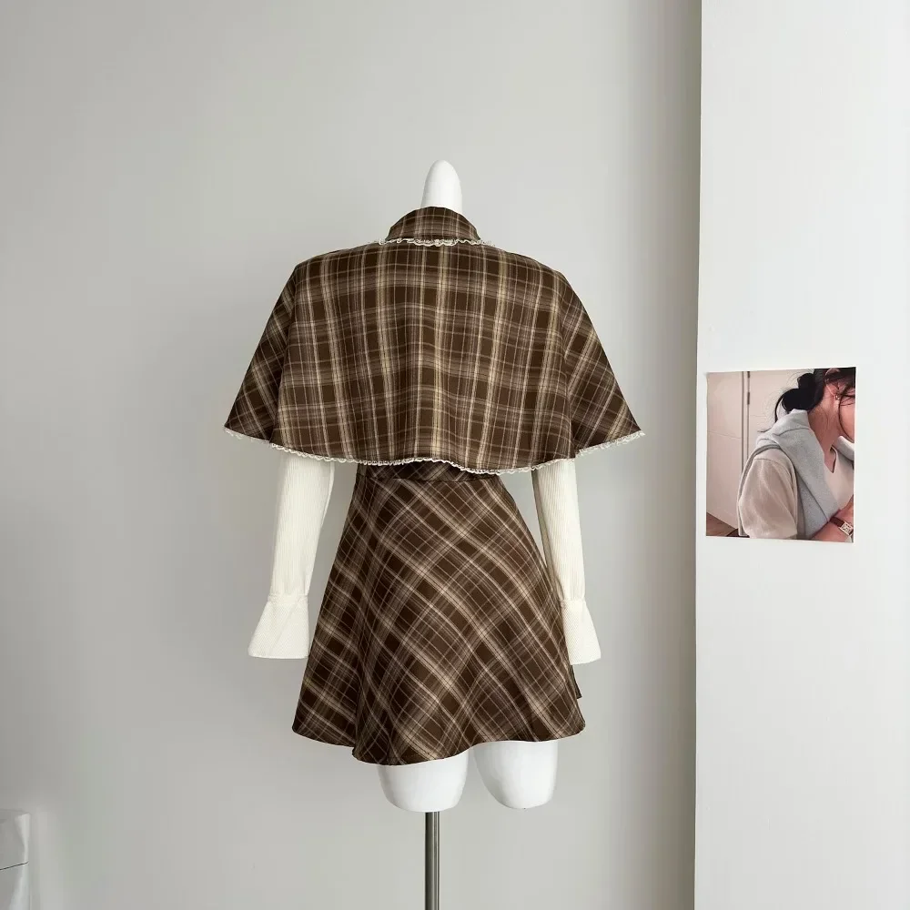 Herbst Vintage Plaid 2 Stück Sets Frauen Japanische Süße Chic Gefälschte 2 Stück Kleid + Spitze Nette Elegante Cape Weibliche retro Kleidung