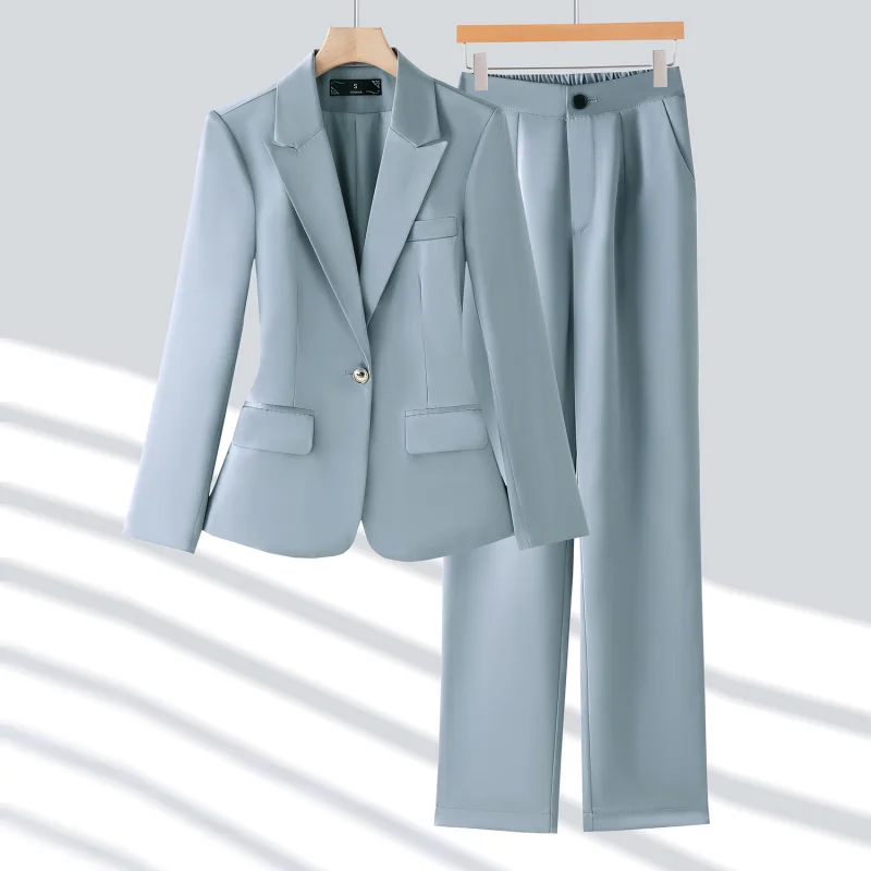 

Casual and fashionable gray-blue women's suit set, new autumn style, light luxury, photogenic goddess style professional attire