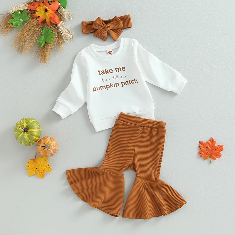 

Adorable Baby Girls 3-Piece Outfit Set with Cute Graphic Tee Bell Bottom Pants and Matching Headband for a Stylish Look