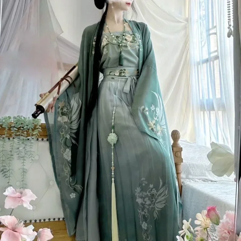 Hanfu Dress Women Chinese Traditional Vintage Song Dynasty Hanfu Dress Female Cosplay Costume Print Green 3pcs Sets Plus Size XL