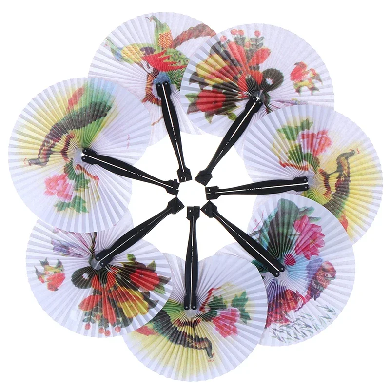 Mini Hand-held Round Paper Blower, Chinese Style, Small Flower-and-bird Painting, Foldable Blower, Decorative Gift, Summer, 1PCS