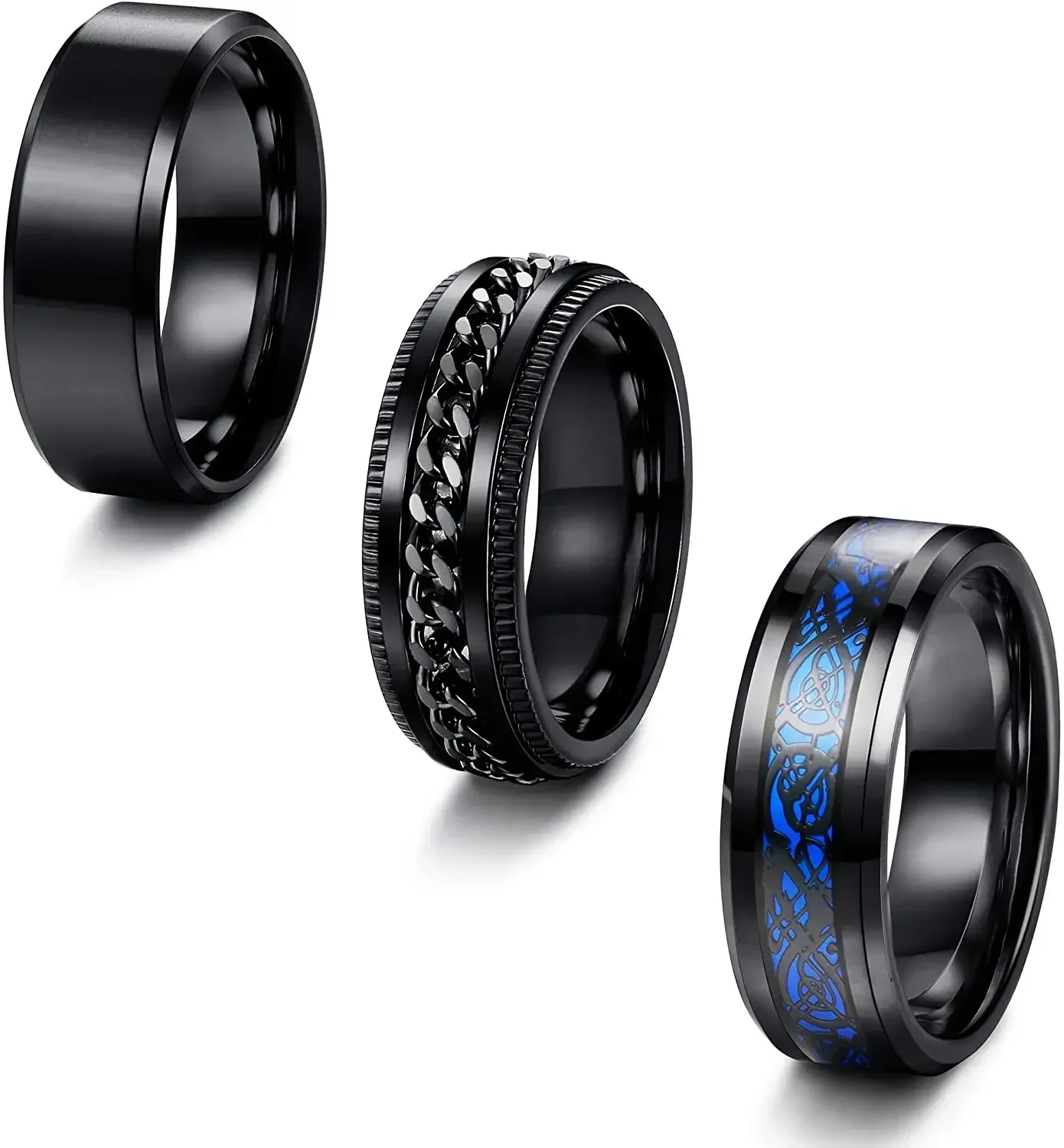 Fashion 8mm Black Tungsten Wedding Band Steel Chain Spinner Rings For Men Women Retro Celtic Dragon Inlay Blue Carbon Fiber Ring