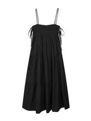 TRAF 2023 Summer New Women's Wear Black Suspender Long Skirt Ruffle Loose Bow Ruffle Beach Skirt Backless Sexy Dress