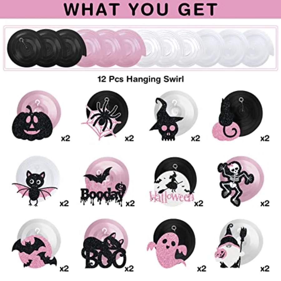 36 قطعة من زينة الدوامات المعلقة للهالوين للاستخدام الداخلي في الهواء الطلق، حلزونية دوارة للسقف Happy Boo Day مع غهو باللونين الأسود والوردي