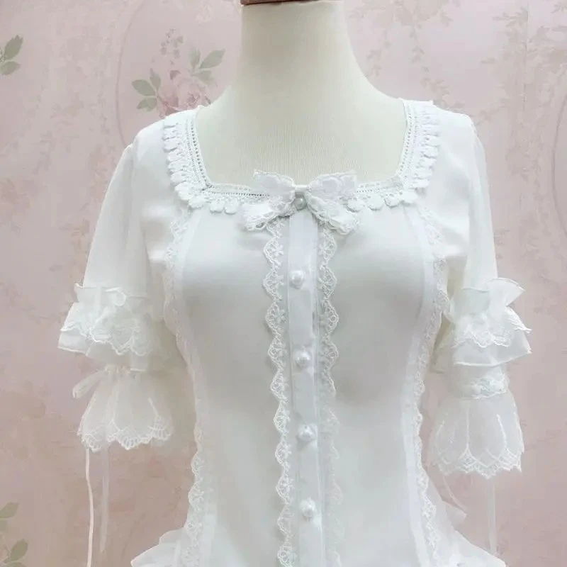 Elegant Y2K Vintage Lolita Style Blouses Women Square Neck Lace Half Flare Sleeve Shirt Female Sweet Fashion Button Tops New view 3