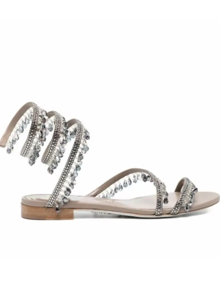 Dames Nieuwe Water Diamant Sandalen Mode Kwastje Kristal Schoenen Sexy Banket Feest Bruiloft Dames 34-44 Grote Platte Sandalen