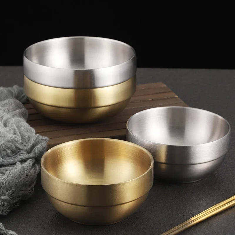 Korean Gold Double Layer 304 Stainless Steel Rice Bowl Small Children Eat Commercial Cooking Kimchi Soup Bowl