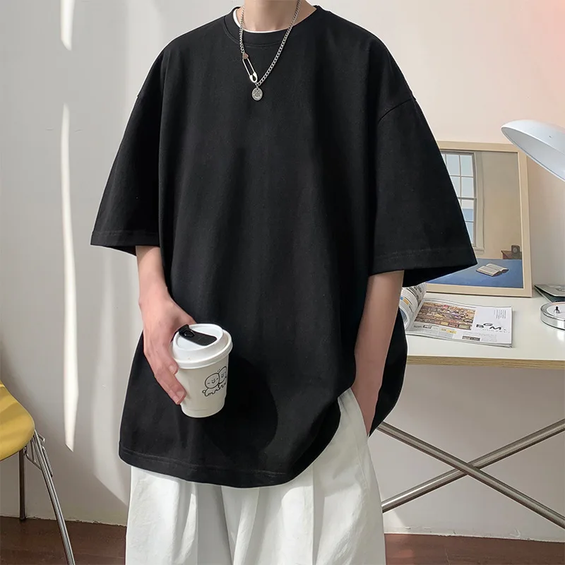 Korean Style Solid Casual Men's T-shirt 2026 Summer New Short Sleeved Oversized Loose T-shirt for Men Tops Men Clothing