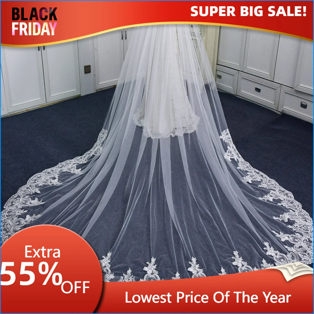 TOPQUEEN V73 French Alencon Lace Embroidery Applique 3m Long Cathedral Wedding Veil with Comb Wedding Veil Tulle Transparent