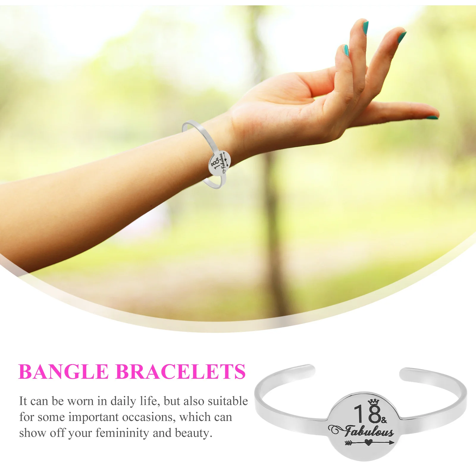 

Silver Stainless Steel Birthday Cuff Bracelet for Girls Lightweight Charm Bracelet Simple Lettering Bangle Gift