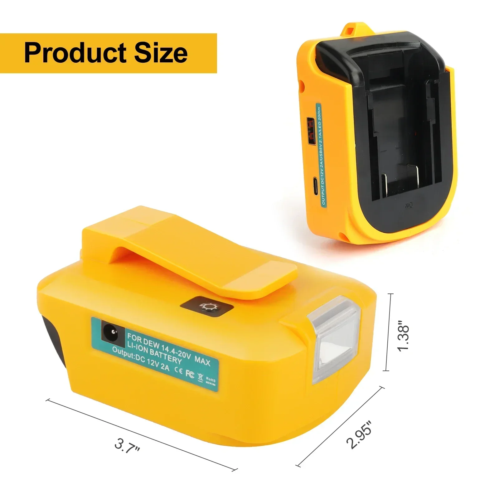 2 USB Battery Adapter For Dewalt LED Work Light 18V 20V 60V Li-ion Battery Power Tools DC 12V/2A Output Charger With Cilp