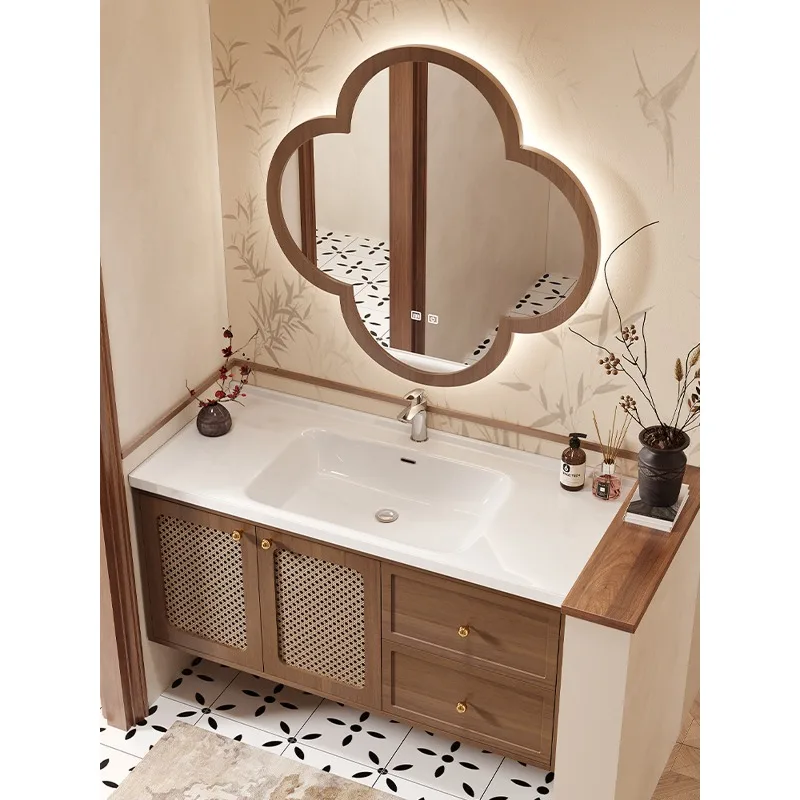 

Rattan bathroom cabinet ceramic integrated basin washbasin washbasin cabinet combination solid wood bathroom