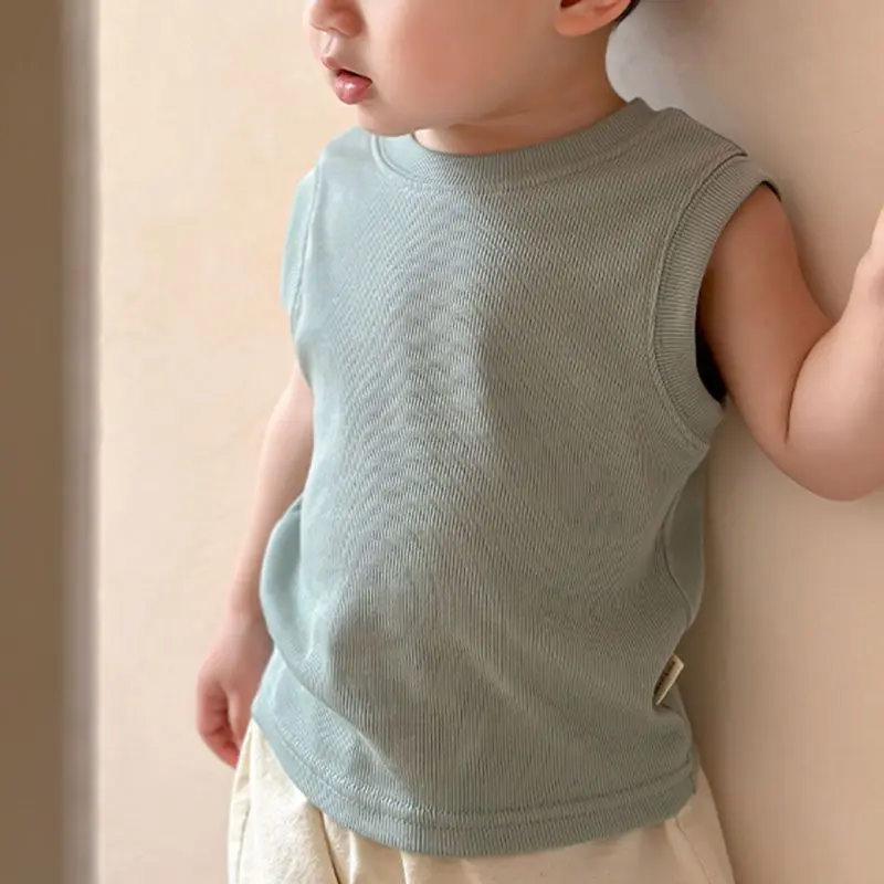 Boys and Girls New Summer Bottom Ice Silk Thin Sleeveless Solid Color Top Elastic Pit Stripe Versatile Top