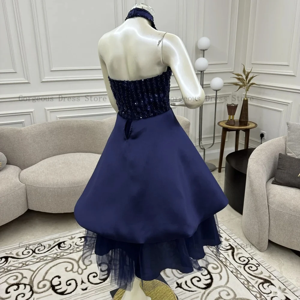 Elegant Navy Blue Evening Dresses High Neck Sleeveless Prom Gowns Beadings Sequined Tea Length A-Line Party Dress فساتين السهرة