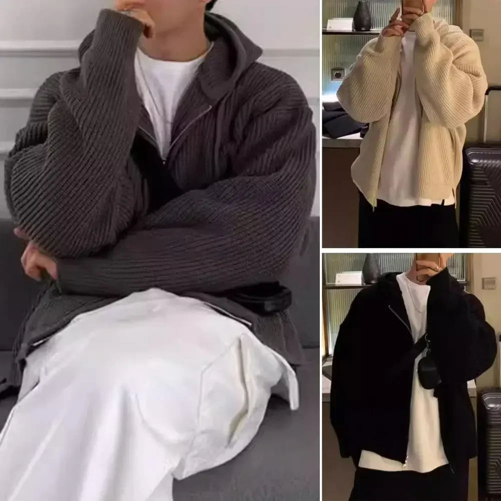 

Hooded Sweater with Zipper Stylish Men's Hooded Sweater Coat with Drawstring Closure Retro Knitted Design Fall Winter for Men