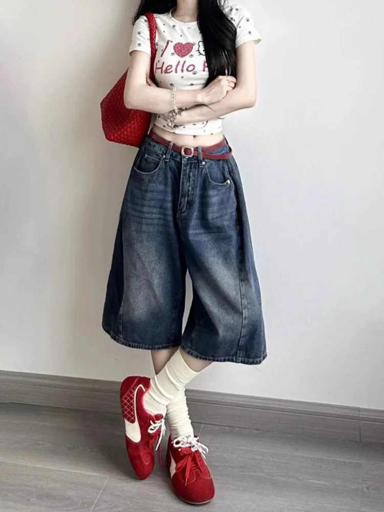 

Прямые синие джинсовые брюки с высокой талией, женские винтажные джинсы трапециевидной формы с широкими штанинами, длина пять четвертей, большие размеры