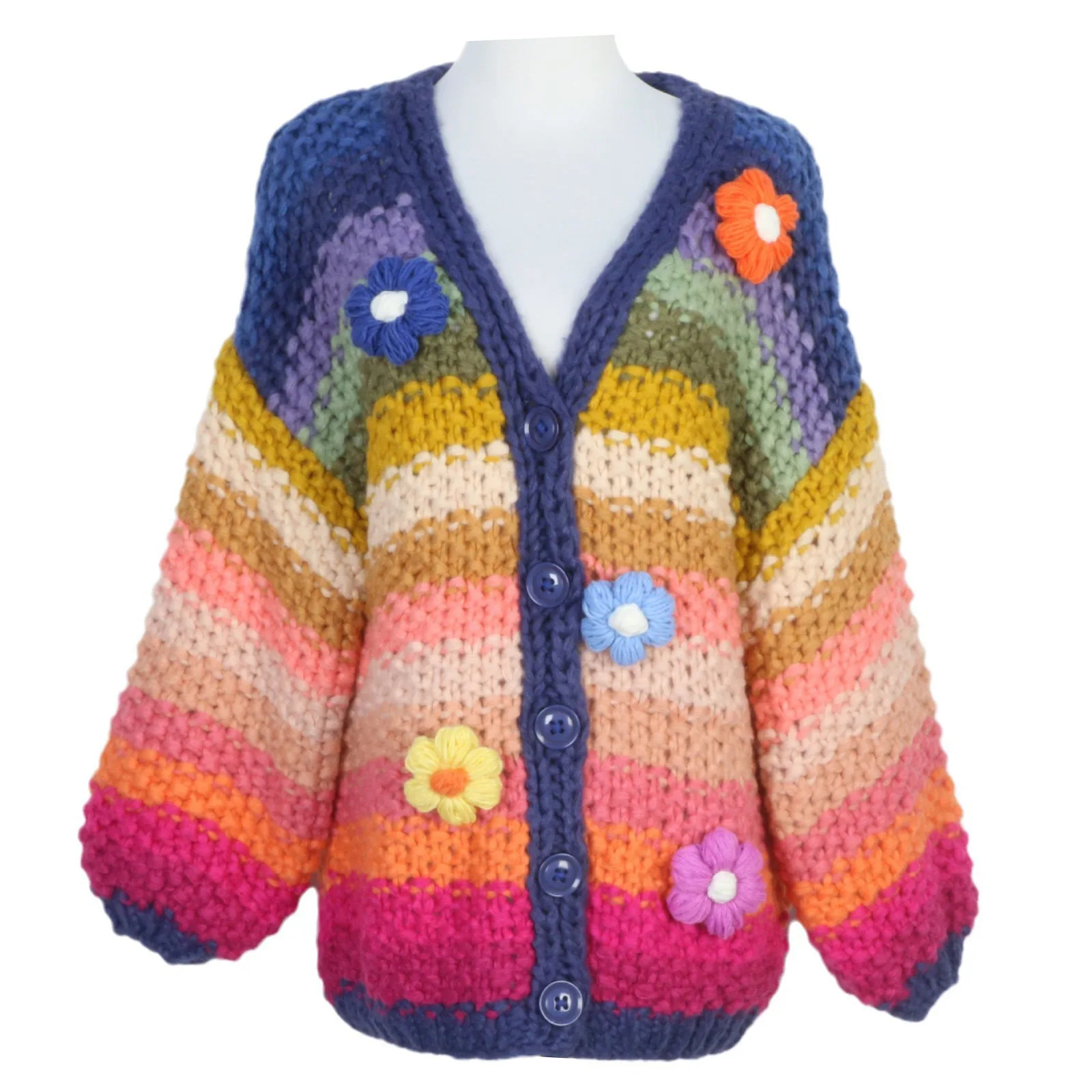 

New Rainbow Color Handmade Floral Striped Lazy Thickened Knitwear Jacket Women's Style Sweet Wind Cardigan Woolen Lantern Sleeve
