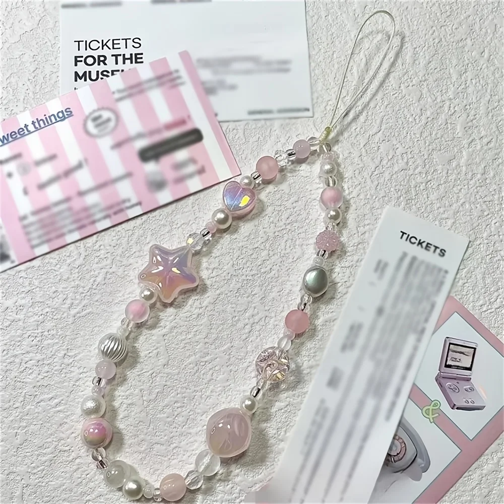 Korean Sweet Cute Pink Star Heart Beaded Phone Chain Charm Lanyard For iPhone Samsung Universal Anti-Loss Hanging Rope Jewelry