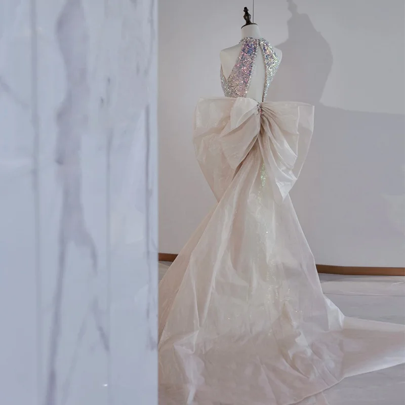 Vestido de fiesta de noche Vintage para mujer, falda de cola de pez con lentejuelas y decoración de lazo de perlas, sin espalda, sin mangas