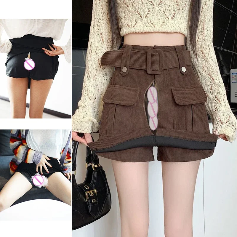 Retro Corduroy Workwear Skirt Women's Open Crotch Outdoor Sex Pants Summer Peach Hip A-line Sheath Mini Shorts Night Club Skort