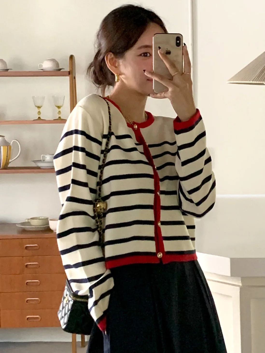 Chaqueta de punto clásica Vintage otoñal e para mujer con borde de bloque de Color y ropa de abrigo a rayas de manga l...