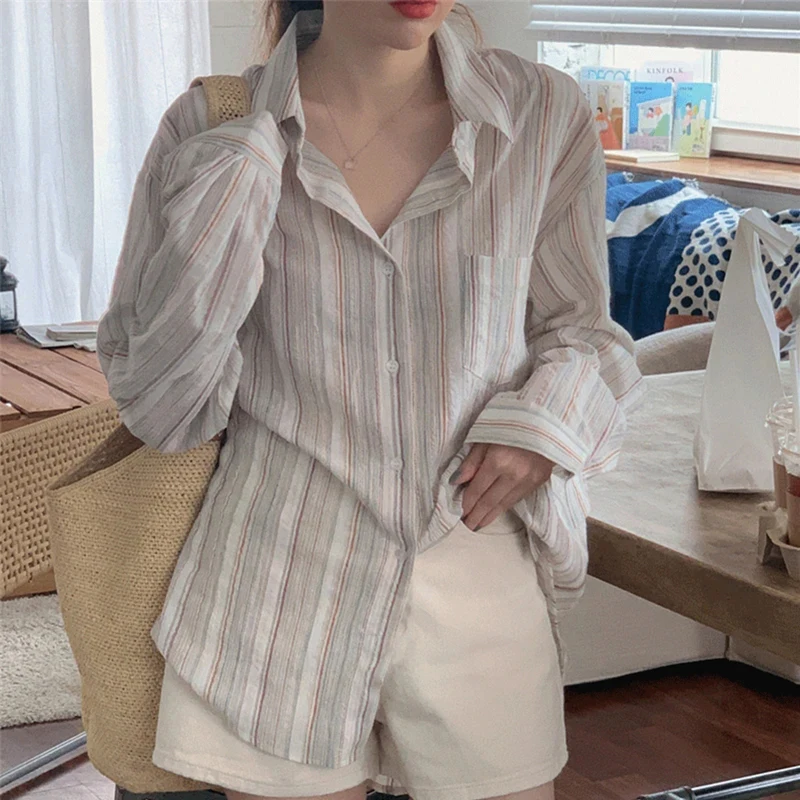 MEXZT Vintage Striped Shirts Women Korean Fashion Simple Long Sleeve Turn Down Collar Blouse Office Lady Casual Loose Thin Tops