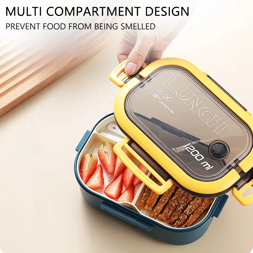 Lunch Box 2 Layers Grids Student Office Worker Microwave Hermetic Bento Box Outdoor Picnic Fruit Food Container with Fork Spoon