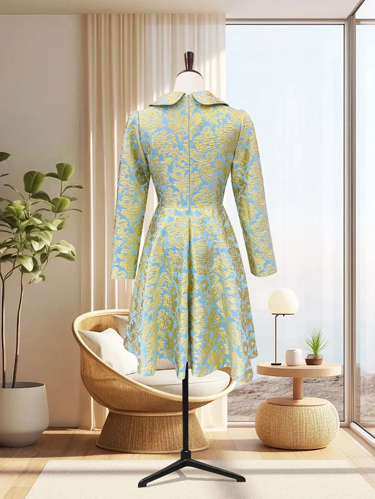 Abito jacquard con risvolto in stile cinese, nuovo abito da sera a trapezio cinccato in vita a maniche lunghe da donna