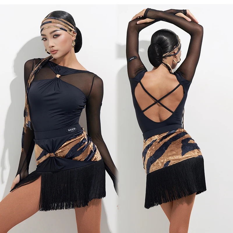 

Высококачественная одежда для соревнований по латинским танцам 2024, черные топы, юбки с разрезом и кисточками, тренировочный костюм, одежда для взрослых, чача, латинская одежда